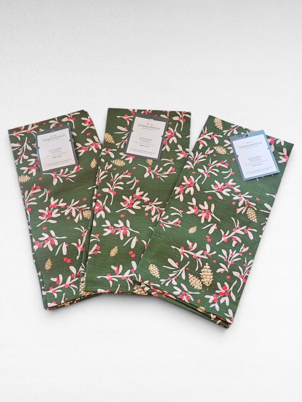 Threshold 3 Pack Cotton Kitchen Towel Green with Winter Berries